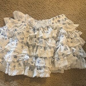 LoveShackFancy White Mini Skirt with Blue Floral Ruffles